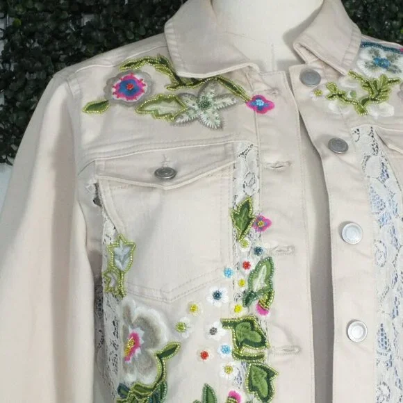 Vintage Boston Proper Small Beaded Floral Embroidered Denim Jacket Lace Cuffs - Picture 2 of 15